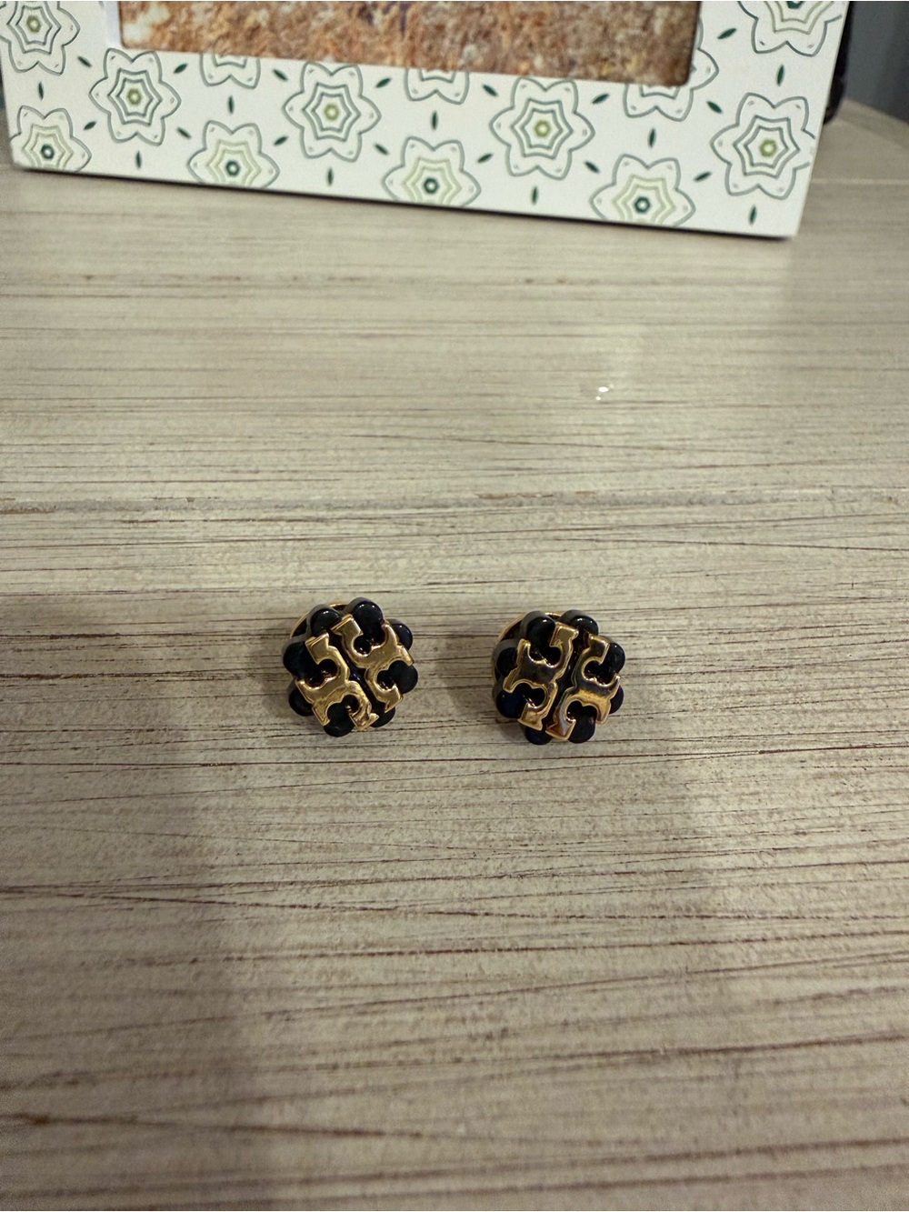 Tory Burch Black and Gold Logo Cluster Stud Earrings